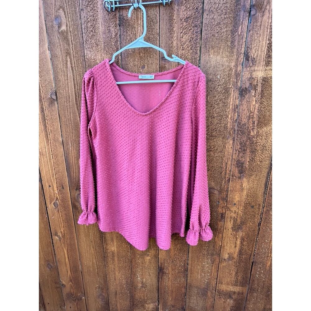 Reb & J Pink Swiss Dot Blouse V-Neck Long Sleeve Ruffle Cuff Medium EUC
